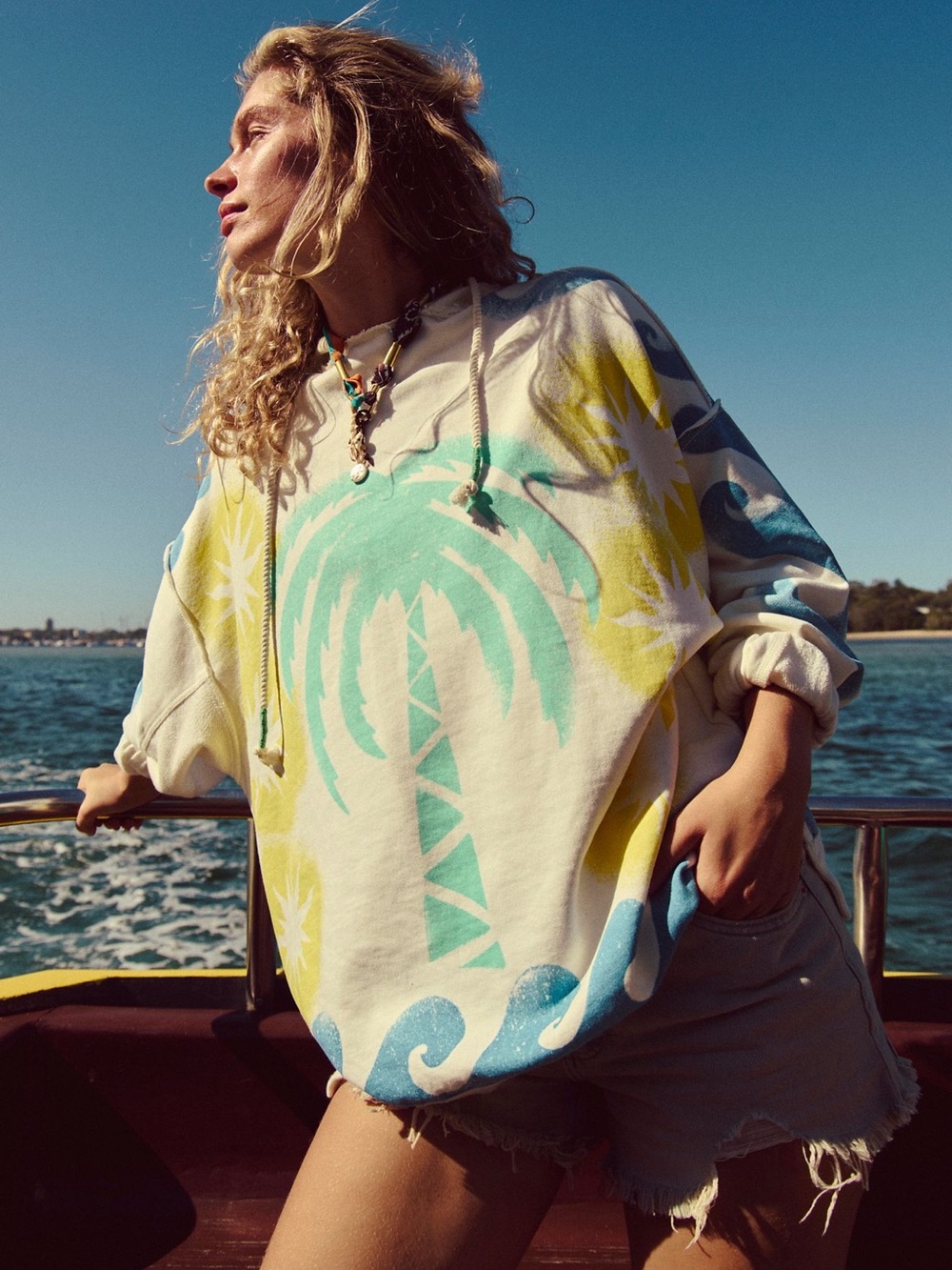We The Free Cream Palm-Print air it out hoodie with Aqua & Yellow Graphic